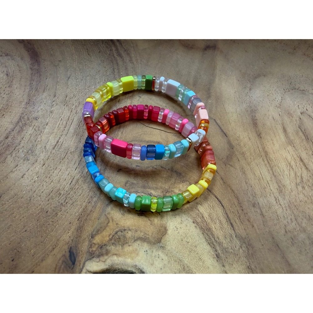 Rainbow Beaded Stretch Bracelet Set 2PC Multicolor Tile Acrylic Jewelry NWOT